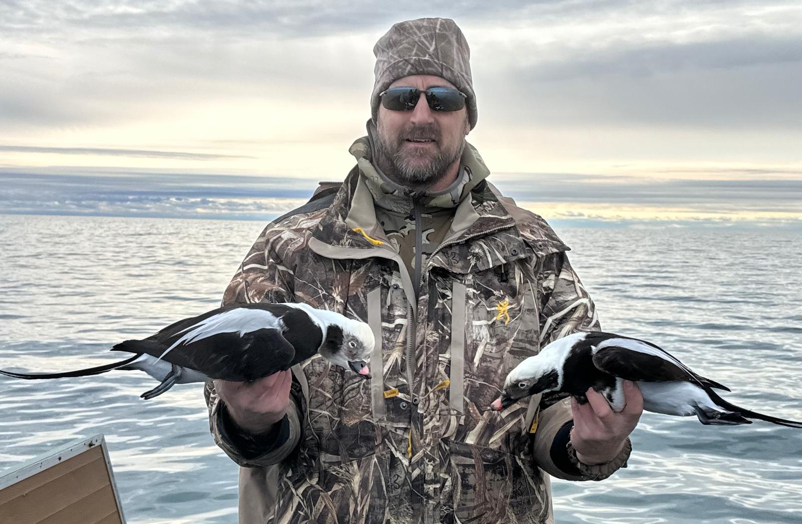 Michigan Lake Huron sea duck hunting guide with two trophy Long-tailed Ducks (Old Squaw)